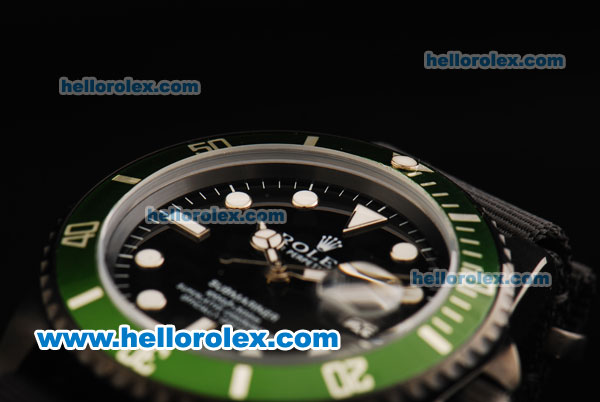 Rolex Submariner Automatic Movement PVD Case with Black Dial - Green Bezel and Black Nylon Strap - Click Image to Close